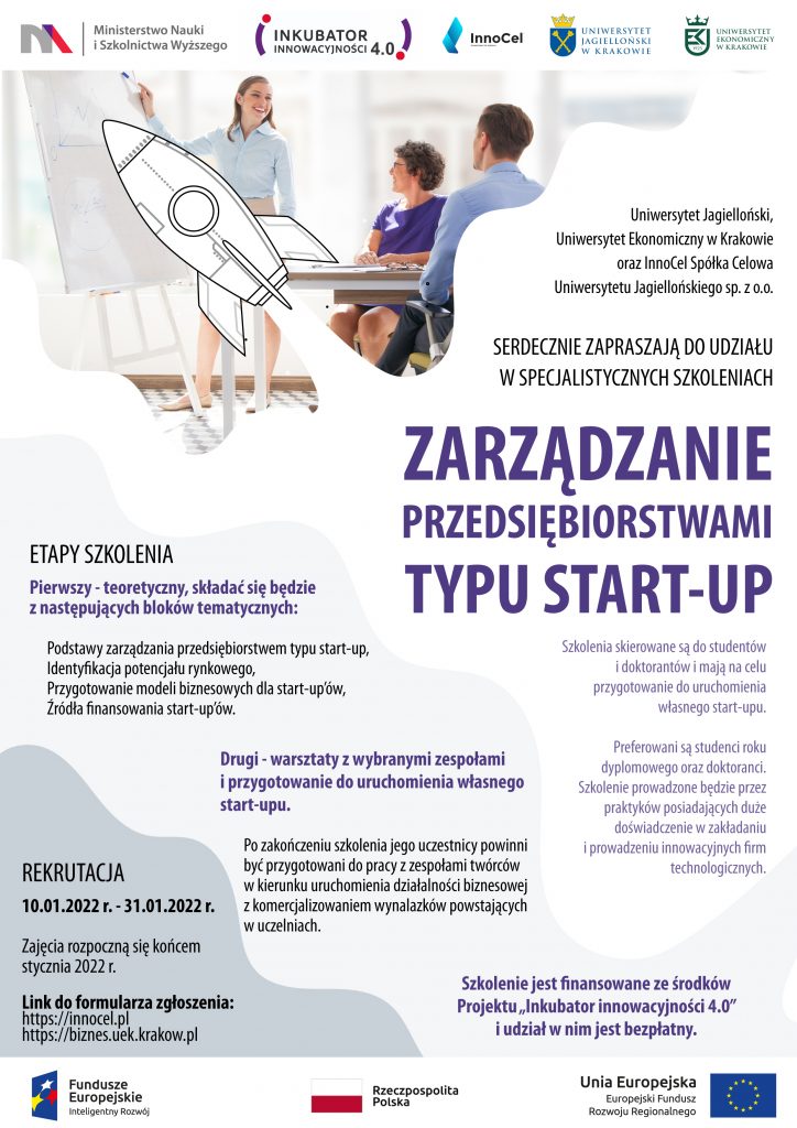 Plakat promujący szkolenia z zarządzania przedsiębiorstwami typu start-up